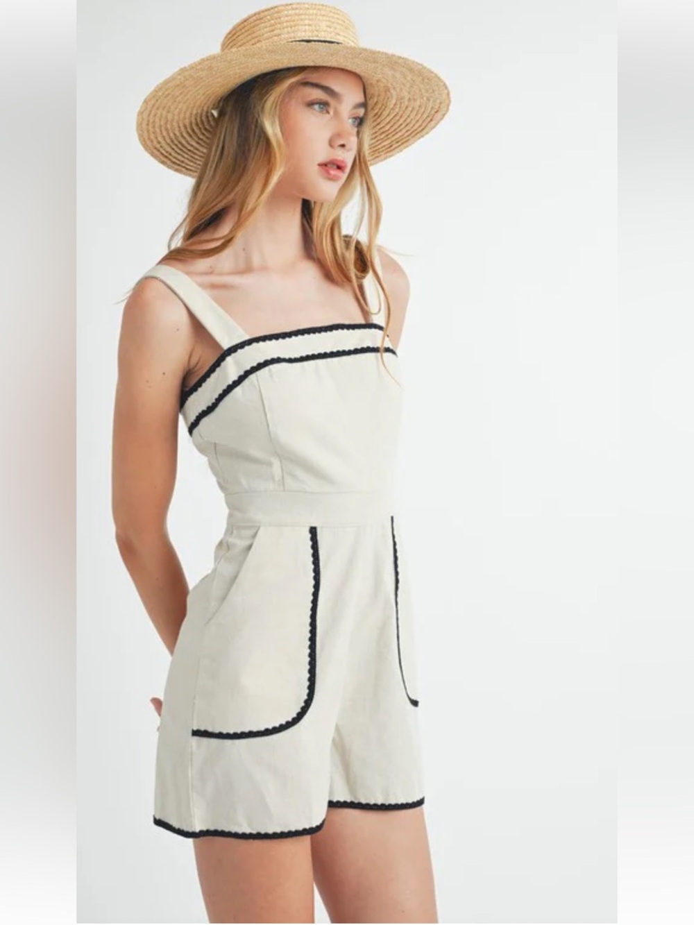 MARBLE By Anthropology Cream Linen Romper with Black Stitch Detail